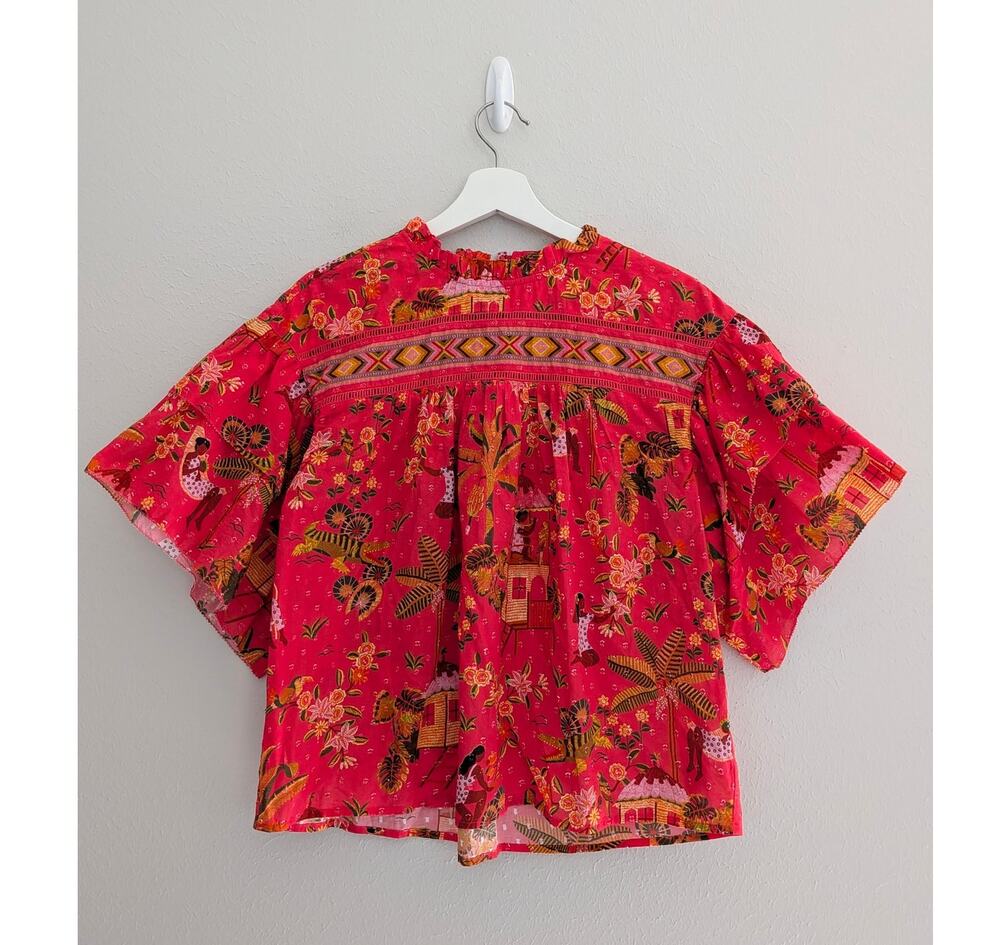 Farm Rio Secret Garden Printed Ruffle Sleeve Tropical Blouse Womens Sz Small EUC